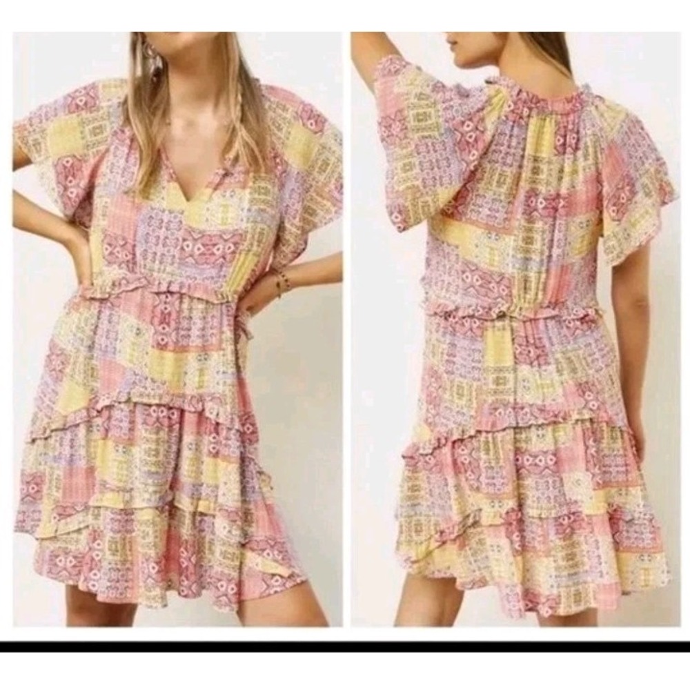 Anthropologie Robin Patchwork Dress Small Pink Combo Pattern Tiered Ruffles